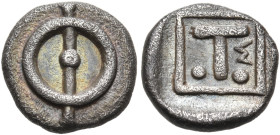 PHLIASIA. Phlious. late 5th-early 4th century BC. Tritetartemorion (Silver, 9 mm, 0.59 g, 3 h). Large Φ with pellet at the center of the cross bar. Re...