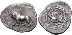 SIKYONIA. Sikyon. c. 431-400 BC. Hemiobol (Silver, 10 mm, 0.36 g, 3 h). Lion standing left, without ground line. Rev. Dove flying left with wings open...