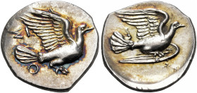 SIKYONIA. Sikyon. Circa 360s-340s/330s BC. Obol (Silver, 12 mm, 0.94 g, 7 h). Dove alighting to right; above tail, ΣΙ; below tail, Ο. Rev. Dove flying...