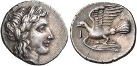 SIKYONIA. Sikyon. Circa 340s-320s BC. Obol (Silver, 12 mm, 0.84 g, 5 h). Laureate head of Apollo to right, his hair falling in locks down the back of ...