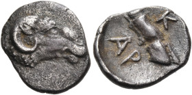 ISLANDS OFF ELIS, Kephallenia. Kranion. Circa 400 BC. Trihemiobol (Silver, 11.5 mm, 0.81 g, 5 h). Ram's head to right. Rev. Κ - ΡΑ ( partially retrogr...