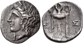 MESSENIA. Messene. Circa 370/69-330 BC. Obol (Silver, 11 mm, 0.79 g, 4 h). Head of Demeter to left, wearing wreath of wheat ears and pendant earring. ...