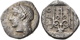 ARGOLIS. Troizen. Circa 431-400 BC. Tritartemorion or 3/4 Obol (Silver, 8 mm, 0.49 g, 12 h). Head of Athena to left, wearing a taenia and with her lon...
