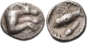 ARKADIA. Psophis. Circa 490-460 BC. Obol (Silver, 10 mm, 0.93 g, 7 h). Forepart of the Keryneian Hind to right. Rev. Ο✶ Fish swimming transversely to ...