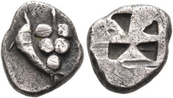 CYCLADES, Keos. Ioulis. Circa 515-490/80 BC. Obol (Silver, 9 mm, 1.03 g). Grape cluster with five grapes; on the left, dolphin swimming upwards. Rev. ...