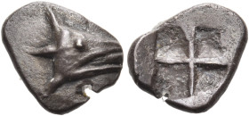 MYSIA. Kyzikos. Circa 600-550 BC. Obol (Silver, 9.5 mm, 0.47 g). Tunny's head to right. Rev. Quadripartite incuse square. SNG Paris -. SNG von Aulock ...