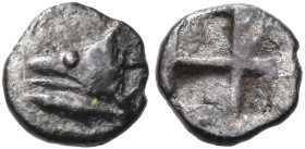 MYSIA. Kyzikos. Circa 600-550 BC. Tetartemorion (Silver, 6.5 mm, 0.21 g). Tunny's head with open mouth to left; below, fish swimming left. Rev. Quadri...