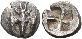 MYSIA. Kyzikos. Circa 550-500 BC. Hemiobol (Silver, 7.5 mm, 0.55 g). Stag's head facing between two tunny fish swimming upwards. Rev. Quadripartite in...