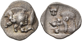 MYSIA. Kyzikos. Circa 450-400 BC. Hemiobol (Silver, 10.5 mm, 0.36 g, 9 h). Forepart of a boar left; to right, tunny upward. Rev. Head of a lion left; ...