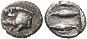 MYSIA. Kyzikos. Circa 450-400 BC. Tetartemorion (Silver, 7 mm, 0.28 g, 12 h). Forepart of a boar to left. Rev. Two tunny fish, belly to belly, the one...