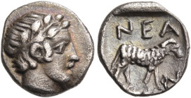TROAS. Neandria. 4th century BC. Obol (Silver, 9 mm, 0.52 g, 7 h). Laureate head of Apollo to right. Rev. NEA / N Ram standing to right; all within a ...