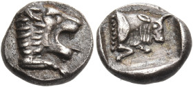 CARIA. Chersonesos. Circa 480-450 BC. Obol (Silver, 9.5 mm, 0.91 g, 12 h). Head of a roaring lion to right with right paw extended. Rev. Forepart of a...
