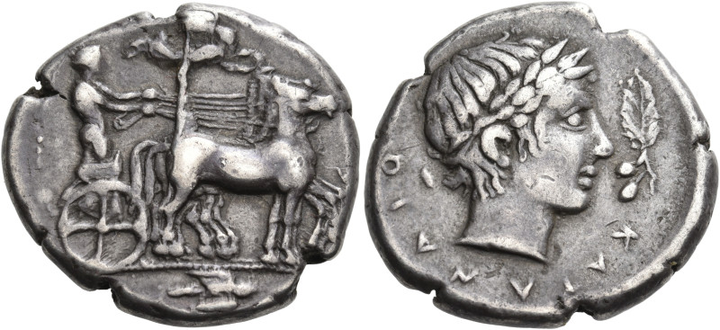 SICILY. Katane. Circa 420 BC. Tetradrachm (Silver, 28 mm, 17.20 g, 7 h). Chariot...