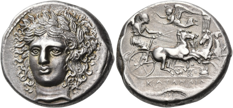 SICILY. Katane. Circa 410-403 BC. Tetradrachm (Silver, 26 mm, 17.21 g, 6 h), sig...