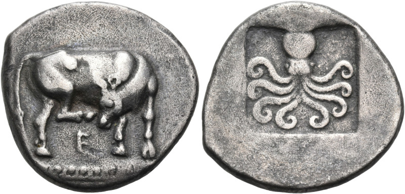 EUBOIA. Eretria. Circa 500-465 BC. Stater (Silver, 23 mm, 8.23 g, 6 h). Heifer s...