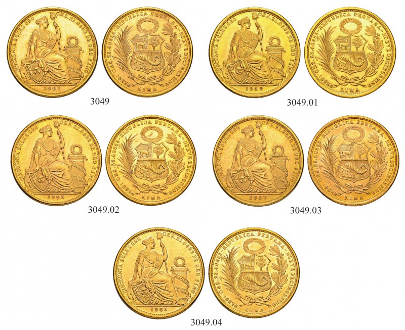 [105.32g]
PERU. Republik seit 1822. 50 Soles 1959, 1965 & 1967. Lot von 5 Exemp...