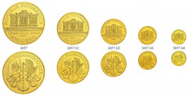 [58.79g]
RDR / ÖSTERREICH. II. Republik, seit 1945. Set zu 1, 1/2, 1/4, 1/10 & 1/25 Unze 1990-2014. Lot von 5 Münzen. Feingewicht total: 58.79 Gramm....