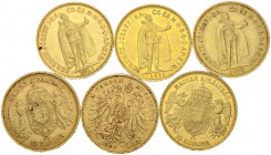 [18.29g]
UNGARN. Franz Joseph I. 1848-1916. 10 Kronen 1893-1911. Lot von 6 Exemplaren. Feingewicht total: 18.29 Gramm. Handelsübliche Erhaltungen / U...