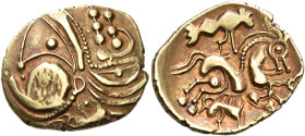 GAUL, Aulerci Eburovices. Late 3rd-early 2nd century BC. Hemistater (Gold, 19 mm, 3.27 g, 10 h). Celticized head of Apollo to left; below, upside-down...