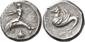 CALABRIA. Tarentum. Circa 465-455 BC. Nomos or Didrachm (Silver, 18,5 mm, 8.17 g, 12 h). ΤΑΡΑΣ Phalanthos, nude and with his arms outstretched to left...