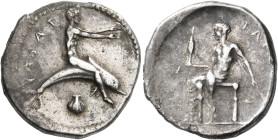 CALABRIA. Tarentum. Circa 450-440 BC. Nomos or Didrachm (Silver, 24 mm, 7.98 g, 5 h). ΤΑRΑΣ ( retrograde ) Phalanthos, nude and with both of his arms ...