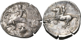 CALABRIA. Tarentum. Circa 450-440 BC. Nomos or Didrachm (Silver, 26 mm, 7.88 g, 3 h). Τ-Α-ΡΑΝ-ΤΙ-Ν-ΟΝ ( retrograde ) Phalanthos, nude, riding a dolphi...