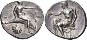 CALABRIA. Tarentum. Circa 430-425 BC. Nomos or Didrachm (Silver, 24 mm, 7.99 g, 6 h). T-APA-N-TI-NΩN Phalanthos, nude, riding a dolphin swimming to ri...