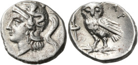 CALABRIA. Tarentum. Circa 302-280 BC. Drachm (Silver, 17 mm, 3.07 g, 3 h). Head of Athena to left, wearing crested Attic helmet adorned with Skylla hu...