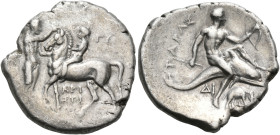 CALABRIA. Tarentum. Circa 280-272 BC. Nomos or Didrachm (Silver, 21 mm, 6.43 g, 10 h), struck under the magistrates Aristipp... and Gy... ΑΡΙΣ/ΤΙΠΠ Nu...
