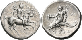 CALABRIA. Tarentum. Circa 280-272 BC. Nomos or Didrachm (Silver, 22 mm, 6.46 g, 12 h), struck under the magistrates Lykon, Si... and Gy.... Cavalryman...