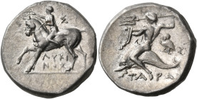 CALABRIA. Tarentum. Circa 272-240 BC. Nomos or Didrachm (Silver, 20 mm, 6.50 g, 7 h), struck under the magistrates Lykinos and Sy... Horseman advancin...