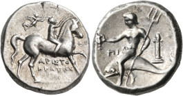 CALABRIA. Tarentum. Circa 272-240 BC. Nomos or Didrachm (Silver, 19 mm, 6.57 g, 6 h), struck under the magistrates Aristokrates, Phi.. and Pi... APIΣT...