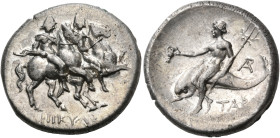 CALABRIA. Tarentum. Circa 272-240 BC. Nomos or Didrachm (Silver, 22 mm, 6.70 g, 5 h), struck under the magistrate Nikylos. ΝΙΚΥΛΟΣ The Dioscouri, wear...