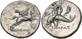 CALABRIA. Tarentum. Circa 240-228 BC. Nomos or Didrachm (Silver, 20 mm, 6.43 g, 1 h), struck under the magistrates Zopyrion, So.. and Ep... Young man,...