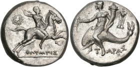 CALABRIA. Tarentum. Circa 240-228 BC. Nomos or Didrachm (Silver, 19 mm, 6.54 g, 5 h), struck under the magistrate Olympis. Cuirassed warrior, brandish...