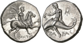 CALABRIA. Tarentum. Circa 240-228 BC. Nomos or Didrachm (Silver, 20 mm, 6.26 g, 12 h), struck under the magistrate Aristippos. APICΤIΠΠOC Ephebe, nude...