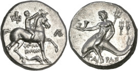 CALABRIA. Tarentum. Circa 240-228 BC. Nomos or Didrachm (Silver, 21 mm, 6.50 g, 9 h), struck under the magistrates Philokles, Le..., and Arn.... Nude ...