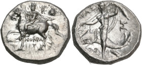 CALABRIA. Tarentum. Circa 240-228 BC. Nomos or Didrachm (Silver, 20 mm, 6.56 g, 12 h), struck under the magistrate Xenokrates. Armoured military leade...