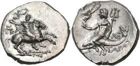 CALABRIA. Tarentum. Circa 240-228 BC. Nomos or Didrachm (Silver, 21 mm, 6.41 g, 11 h), struck under the magistrates Kallikrates, Epik... and Ne.... Ba...