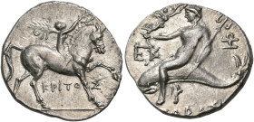 CALABRIA. Tarentum. Punic occupation, circa 212-209 BC. 1/2 Shekel (Silver, 19 mm, 3.99 g, 10 h), struck under the magistrtes Ek..., Zo..., and Kritos...