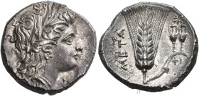 LUCANIA. Metapontum. Circa 290-280 BC. Nomos or Didrachm (Silver, 21 mm, 7.71 g, 2 h). [Δ] Head of Demeter to right, wearing wreath of barley ears, tr...