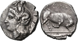 LUCANIA. Thourioi. Circa 400-350 BC. Distater (Silver, 26 mm, 15.89 g, 6 h). Head of Athena to left, wearing a crested Attic helmet adorned with Skyll...