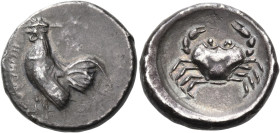 SICILY. Himera. Circa 483-472 BC. Didrachm (Silver, 21 mm, 8.45 g, 7 h). ΗΙΜΕRΑ Rooster standing to left. Rev. Crab, seen from above, with an annulet ...
