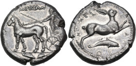 SICILY. Messana. 420-413 BC. Tetradrachm (Silver, 27 mm, 17.15 g, 9 h). ΜΕΣΣΑΝ-A The Nymph Messana, wearing long chiton and holding whip in her right ...