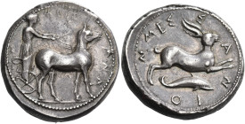 SICILY. Messana. 420-413 BC. Tetradrachm (Silver, 26 mm, 17.31 g, 8 h). ΜΕΣΣ-ΑΝΑ The Nymph Messana, wearing long chiton and holding whip in her right ...