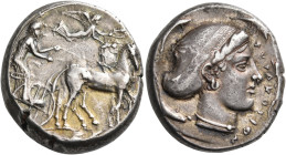 SICILY. Syracuse. Second Democracy, 466-405 BC. Tetradrachm (Silver, 25 mm, 17.45 g, 6 h), circa 430-420. Charioteer, holding kentron in his right han...