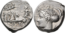 SICILY. Syracuse. Second Democracy, 466-405 BC. Tetradrachm (Silver, 25 mm, 17.25 g, 4 h), obverse die unsigned, but by Euarchidas; reverse die signed...