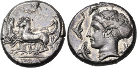 SICILY. Syracuse. Dionysios I, 405-367 BC. Tetradrachm (Silver, 25 mm, 17.15 g, 9 h), unsigned, but dies prepared by Eukleidas, circa 405-395 . Chario...