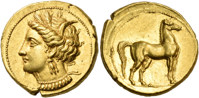 CARTHAGE. Circa 350-320 BC. Stater (Gold, 19 mm, 9.40 g, 7 h). Head of Tanit to ...