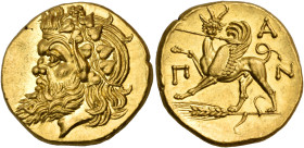 CIMMERIAN BOSPOROS. Pantikapaion. Circa 340-325 BC. Stater (Gold, 20.5 mm, 9.11 g, 11 h). Head of Pan to left, wearing a wreath of ivy. Rev. Π-Α-Ν Gri...